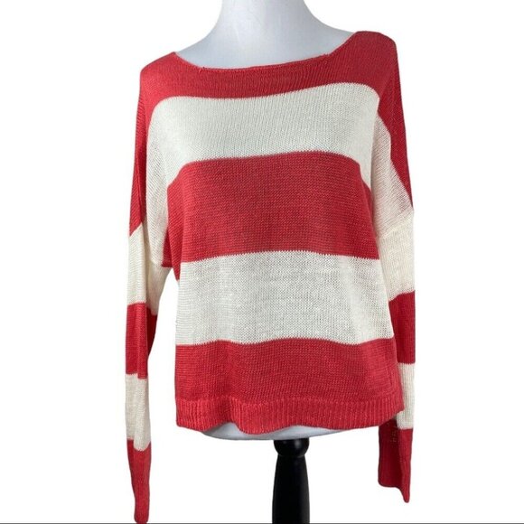 Cullen Women's Pink and White Striped Linen‎ Boat Neck Preppy Knit Sweater S/C56 - Picture 1 of 7